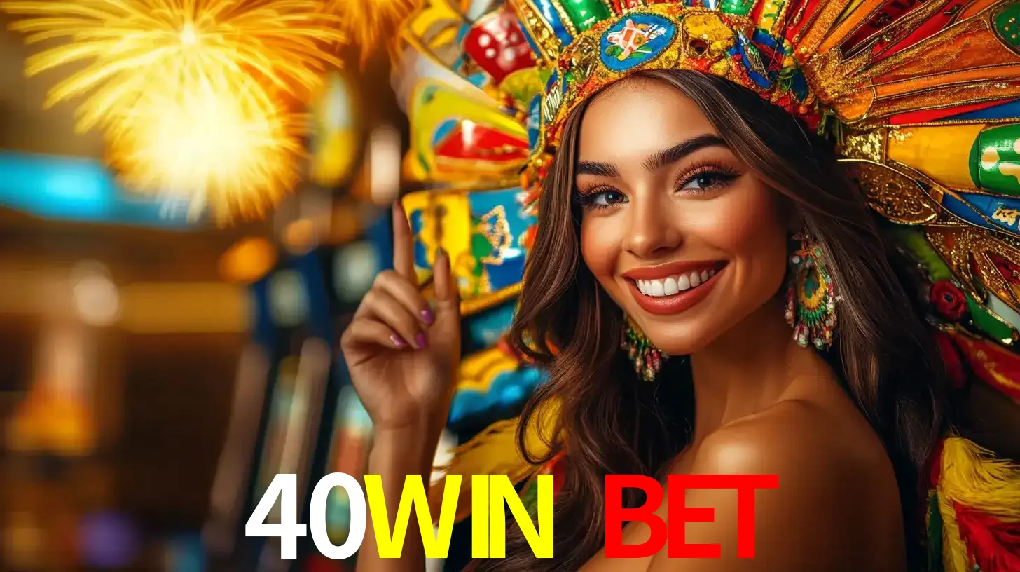 Mulher sorridente com um cocar de carnaval vibrante e colorido, celebrando uma grande vitória nos jogos do cassino 40WIN BET com fogos de artifício ao fundo.