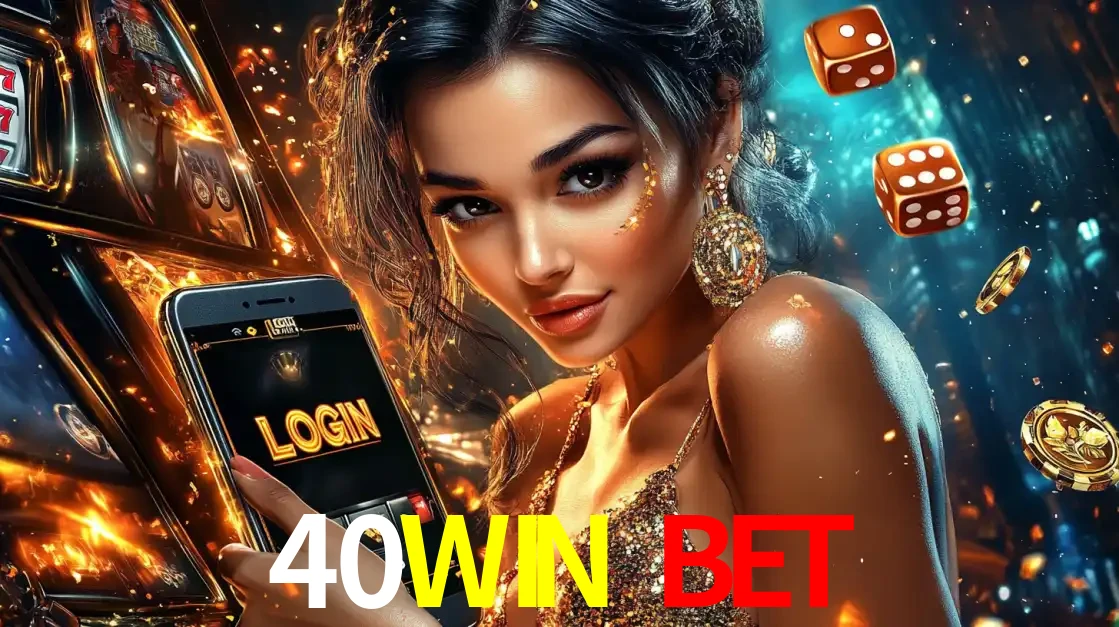 Mulher glamourosa segurando um celular com a tela de login do cassino 40WIN BET, rodeada por dados e moedas douradas, pronta para começar a diversão.