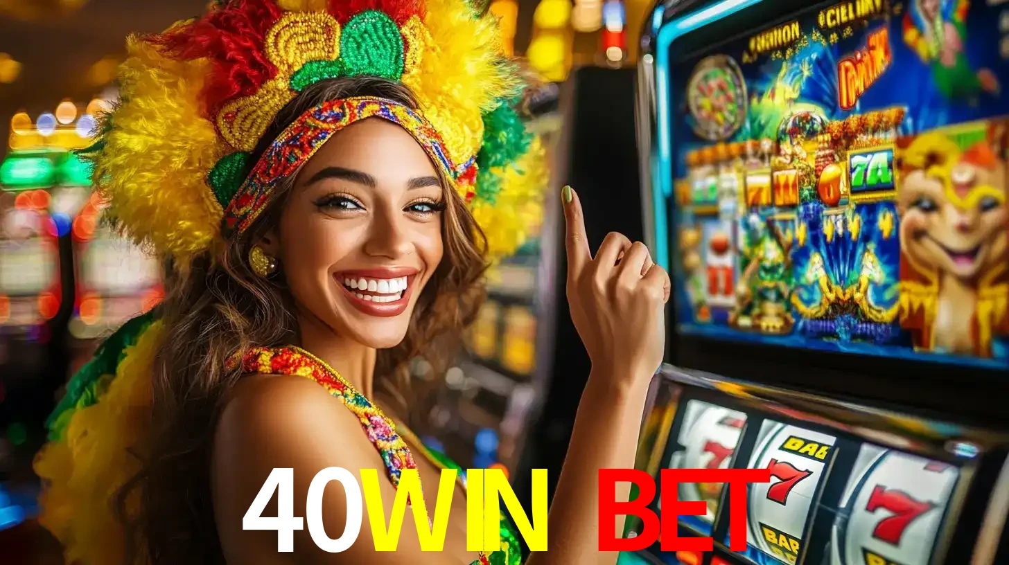 Mulher animada com um cocar de carnaval apontando para uma máquina de caça-níqueis, mostrando a emoção de ganhar um grande prêmio nos jogos do 40WIN BET.