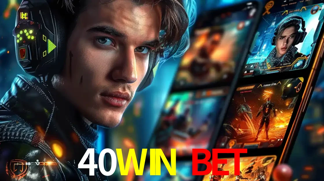 Jovem jogador com fones de ouvido olhando para a câmera, com um aplicativo de jogos e e-sports para celular ao fundo, pronto para a competição e apostas no 40WIN BET.