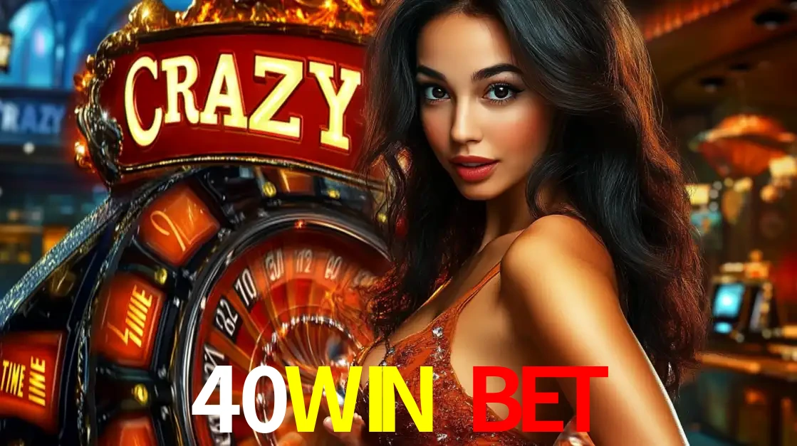 Mulher glamourosa olhando para a câmera com a roda vermelha do Crazy Time ao fundo em um ambiente de cassino, destacando a emoção dos jogos ao vivo no 40WIN BET.