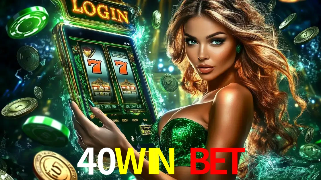 Mulher com tema verde apresentando o aplicativo do cassino 40WIN BET com um jogo de slot de 777, cercada por fichas de cassino e uma aura de sorte.
