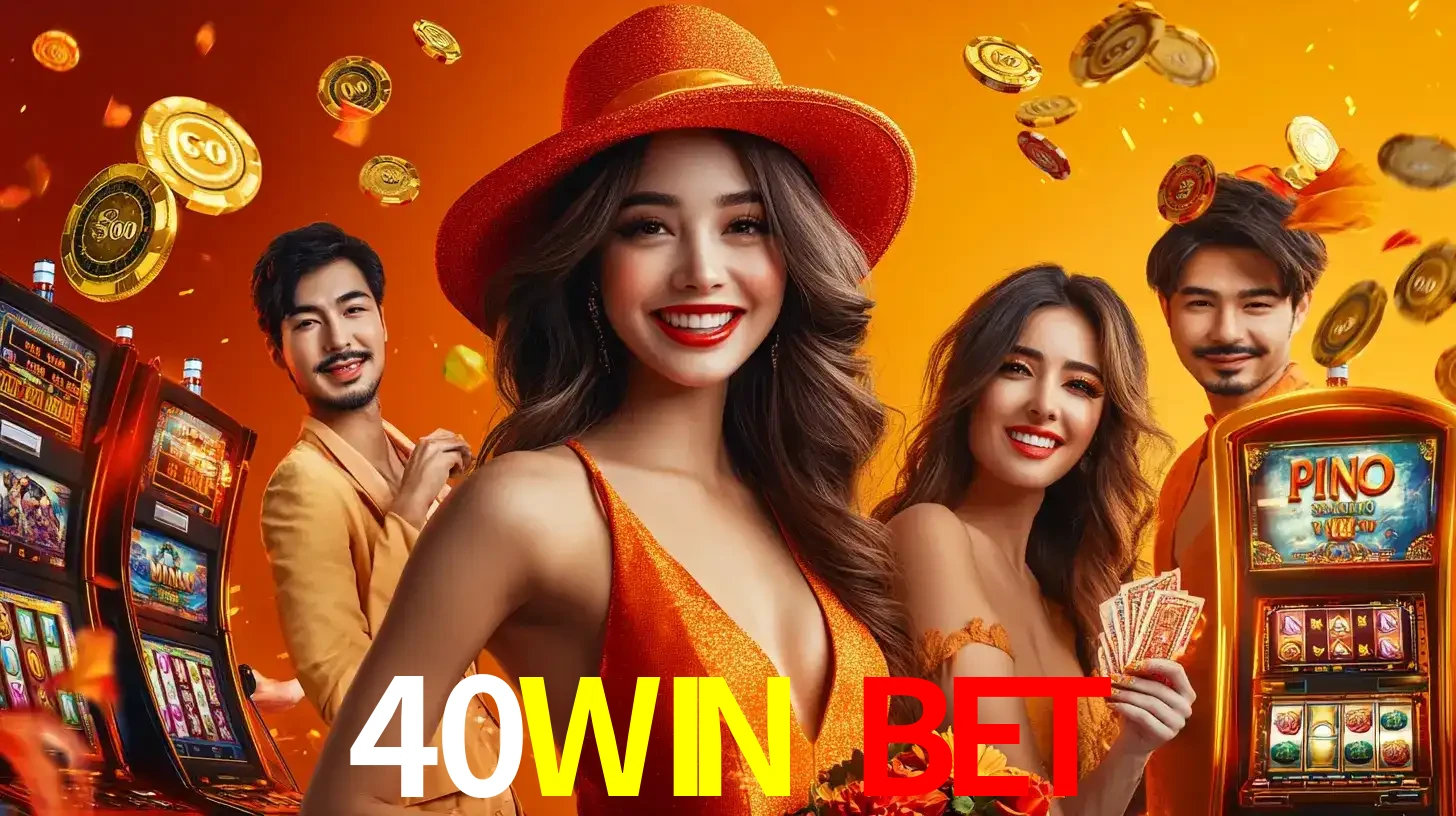 Grupo de amigos asiáticos sorrindo e se divertindo com máquinas de caça-níqueis em um ambiente festivo, celebrando suas vitórias nos jogos de cassino do 40WIN BET.