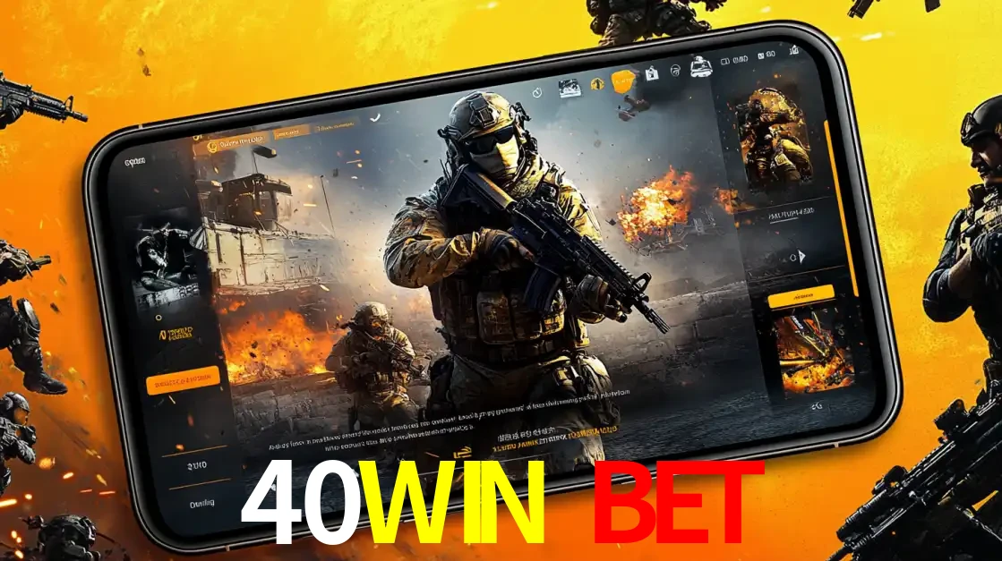 Um smartphone exibindo a interface de um jogo de tiro em primeira pessoa, com um soldado em um cenário de batalha, representando a ação dos e-sports para apostar no 40WIN BET.