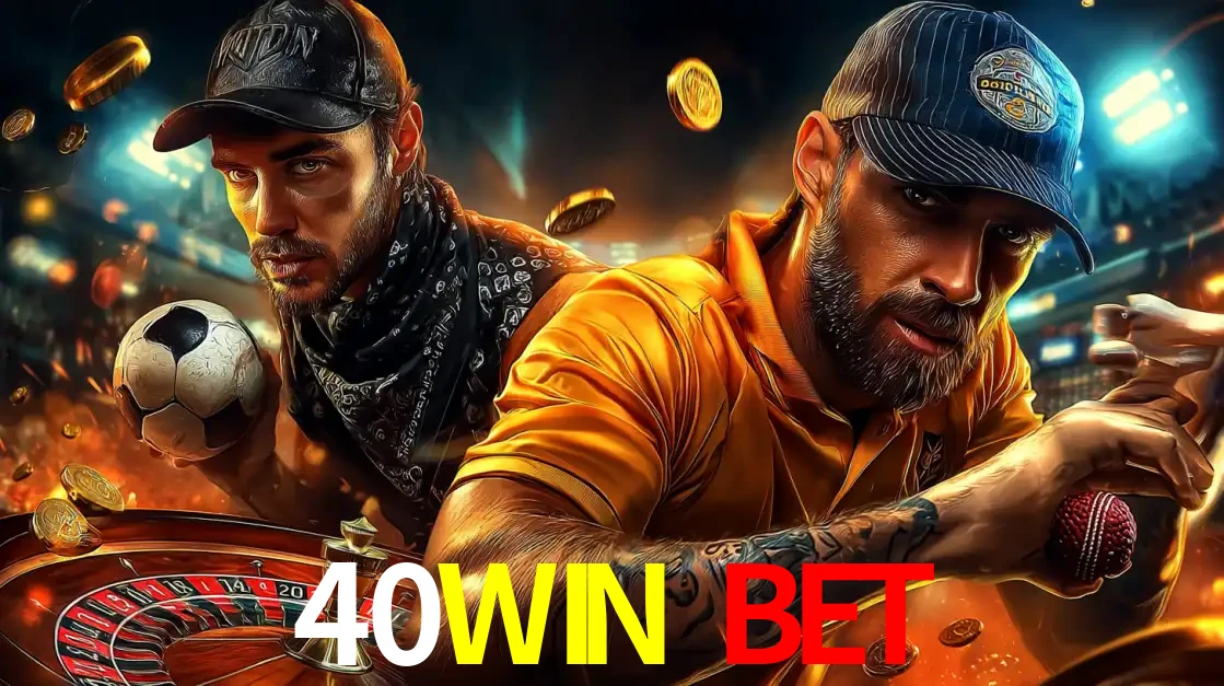 Montagem de apostas esportivas e cassino no 40WIN BET, com um homem segurando uma bola de futebol e outro uma de beisebol sobre uma roleta e moedas voadoras.