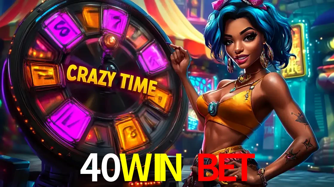 Mulher estilizada com cabelo azul e visual vibrante posando ao lado da roda de prêmios do game show Crazy Time, convidando para a diversão e os bônus do cassino 40WIN BET.