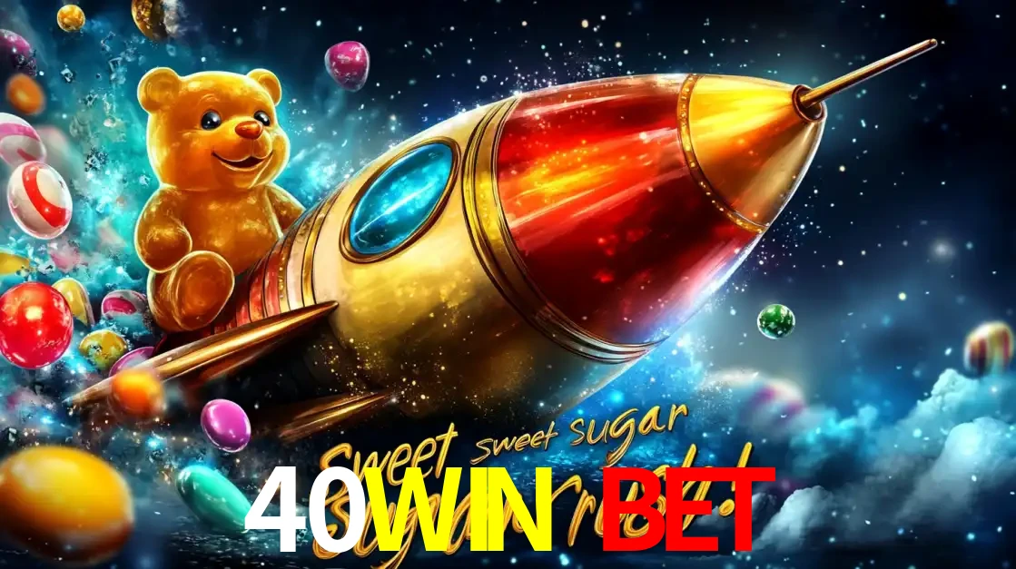 Arte promocional do jogo de slot Sugar Rush, com um urso de pelúcia em um foguete viajando pelo espaço de doces, um dos jogos divertidos disponíveis no cassino 40WIN BET.