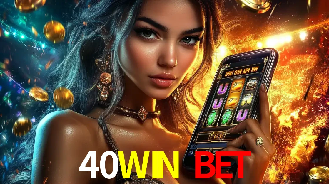 Mulher elegante mostrando um jogo de caça-níqueis em seu smartphone, destacando a experiência de cassino móvel oferecida pelo aplicativo 40WIN BET.