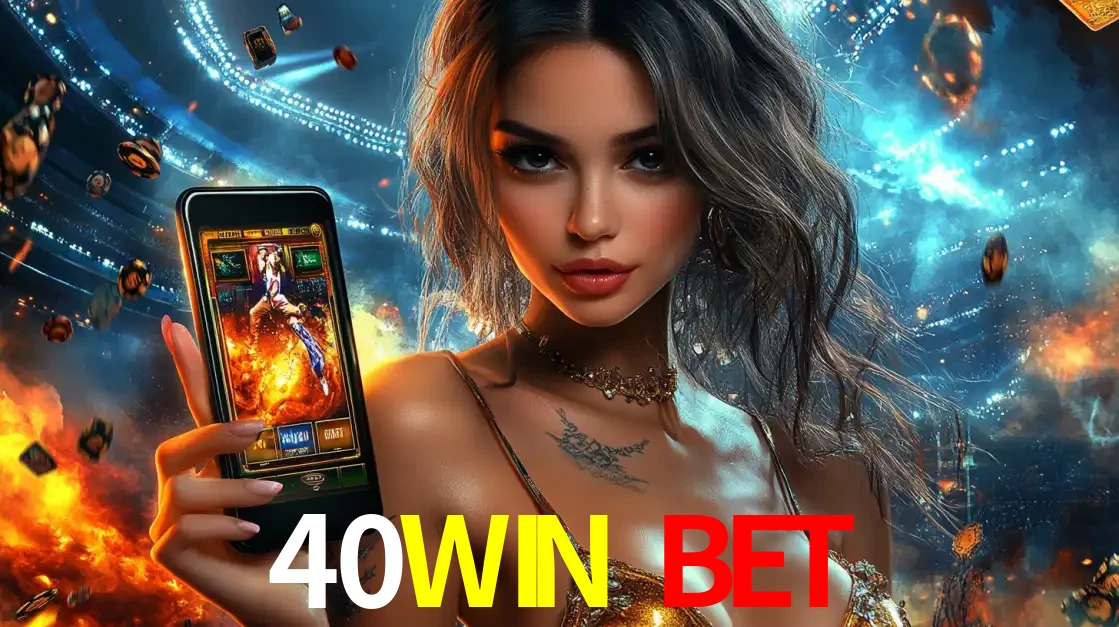 Mulher segurando um celular com um jogo de slot em destaque, tendo como fundo um estádio vibrante, simbolizando a emoção de jogar no cassino móvel 40WIN BET.