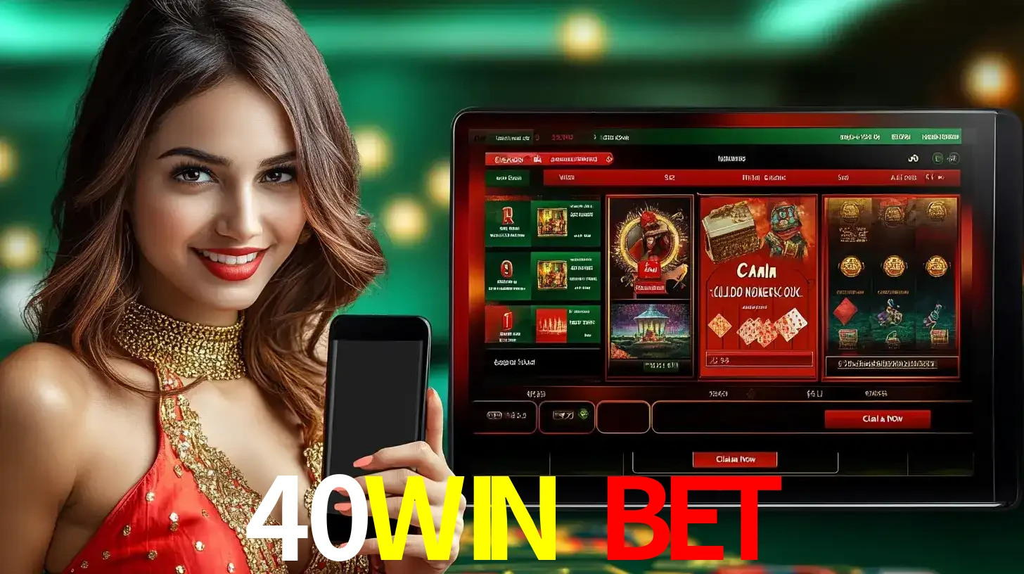 Mulher sorridente segurando um smartphone, ao lado de uma tela exibindo o lobby de jogos do cassino online 40WIN BET, com várias opções de jogos de cartas e slots.